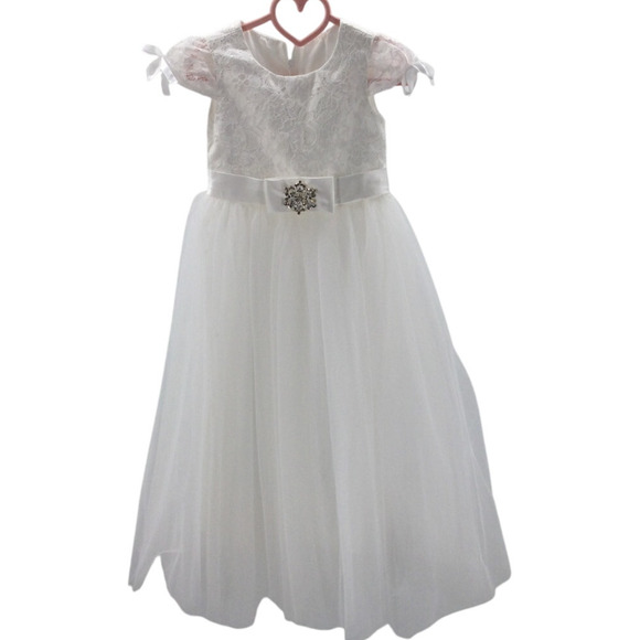 GIRL'S PARTY DRESS SZ 12 Y white lace embellished short sleeve flower maxi 0B2 - Picture 1 of 7